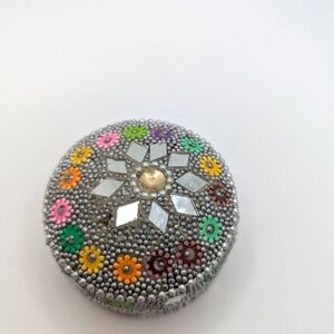 Vintage India Metal Beaded Silver Colorful Pill Trinket Jewelry Box Mirrored